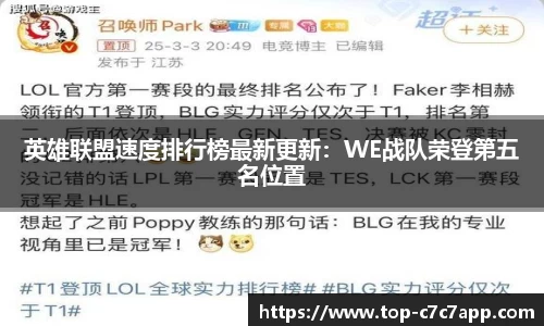英雄联盟速度排行榜最新更新：WE战队荣登第五名位置